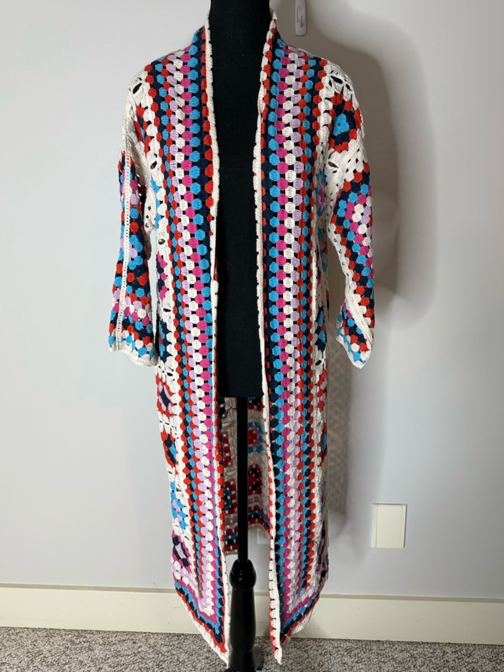 Crochet Granny Square Long Open Front Cardigan Duster Boho Cream Red Blue Medium - Picture 3 of 9